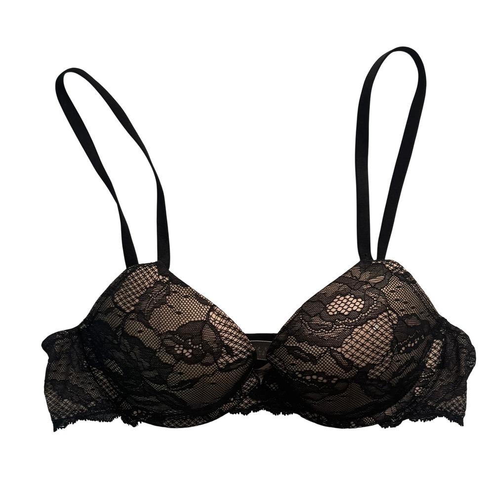 Victoria's Secret Biofit Demi Uplift Bra Black Floral Lace Nude Lining 34B